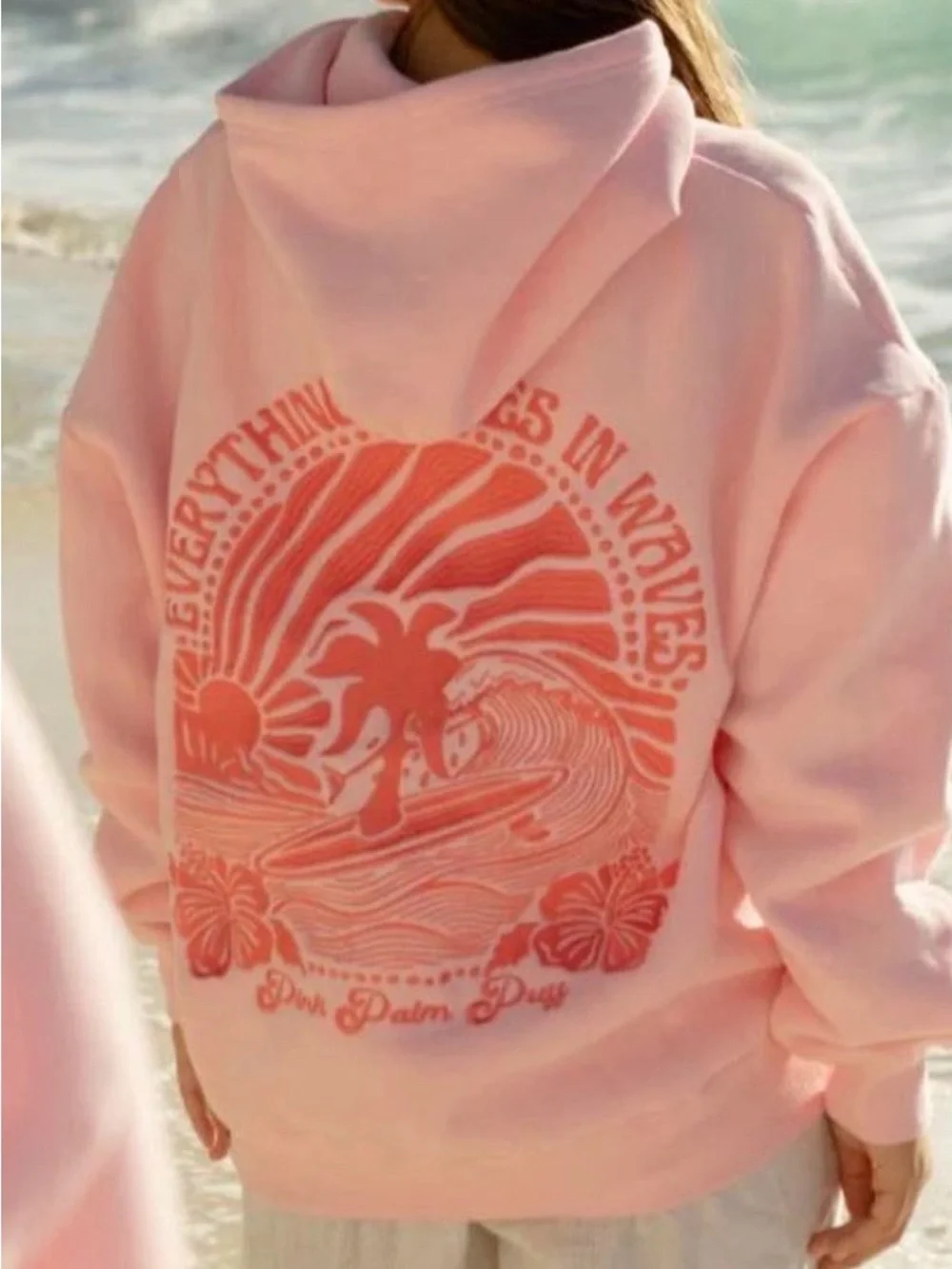 Kids Pink Surf Graphic Hoodie Sweatshirt - Palm Design